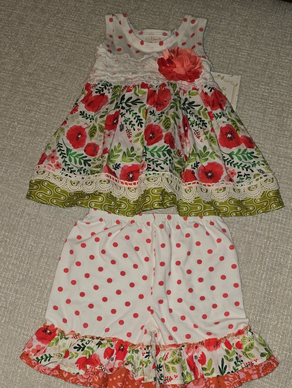 Haute Baby Girls Floral Coral & White Set with Polka Dot Shorts